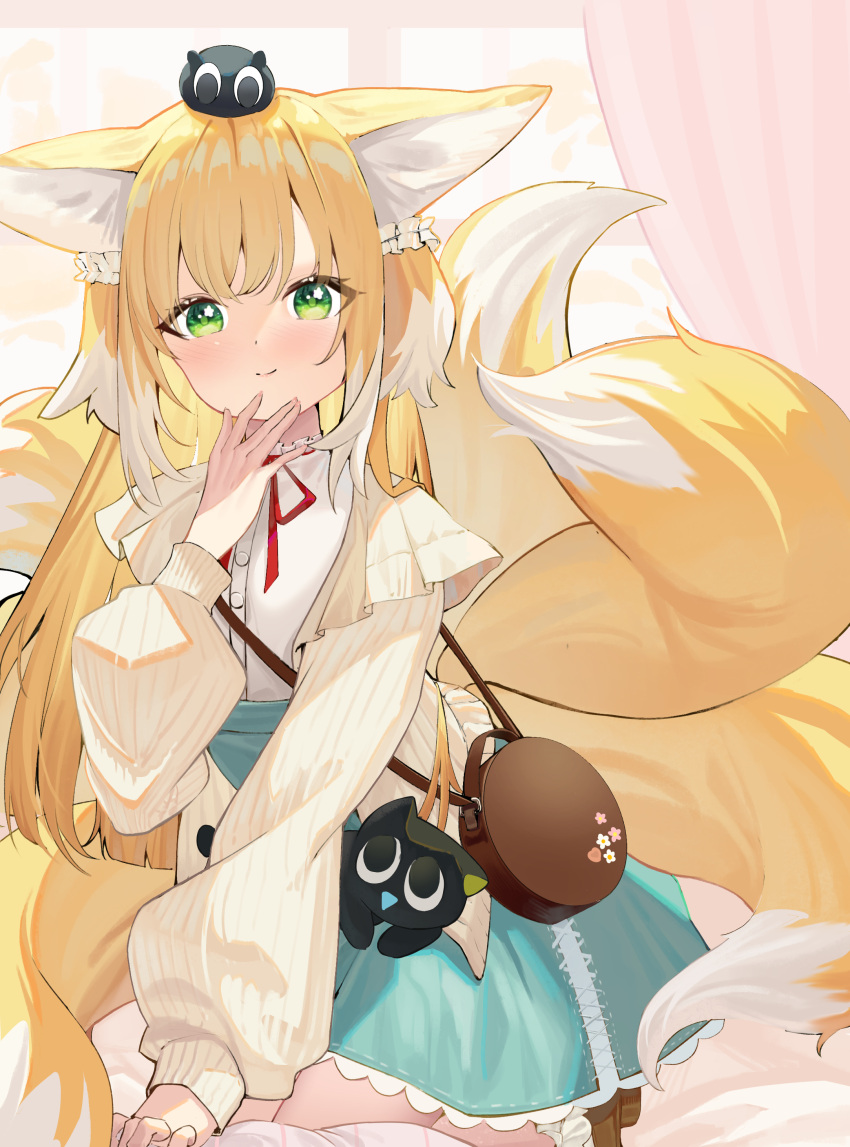 1girl absurdres animal_ears arknights bag bangs blonde_hair blue_skirt blush brown_cardigan cardigan closed_mouth creature_on_head fox_ears fox_girl fox_tail green_eyes high-waist_skirt highres kitsune long_hair long_sleeves looking_at_viewer luoxiaohei multicolored_hair multiple_tails neck_ribbon open_cardigan open_clothes puffy_long_sleeves puffy_sleeves qiuyueruona red_eyes ribbon shirt shoulder_bag skirt smile solo streaked_hair suzuran_(arknights) tail the_legend_of_luo_xiaohei very_long_hair white_hair white_shirt