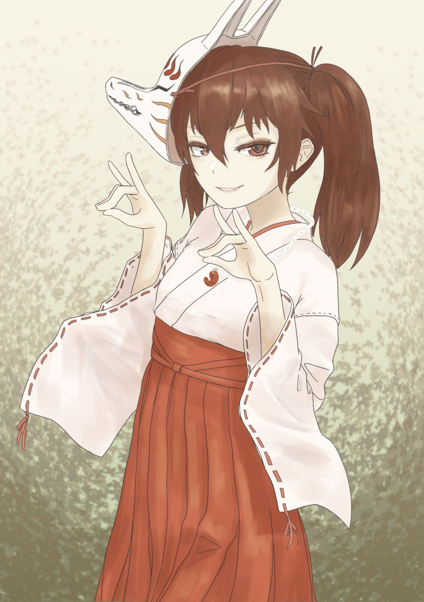 1girl brown_eyes brown_hair eyebrows_hidden_by_hair hair_between_eyes hakama highres japanese_clothes kantai_collection magatama mask mask_on_head miko nito_(nshtntr) red_hakama ribbon-trimmed_sleeves ribbon_trim ryuujou_(kancolle) smile solo twintails wide_sleeves