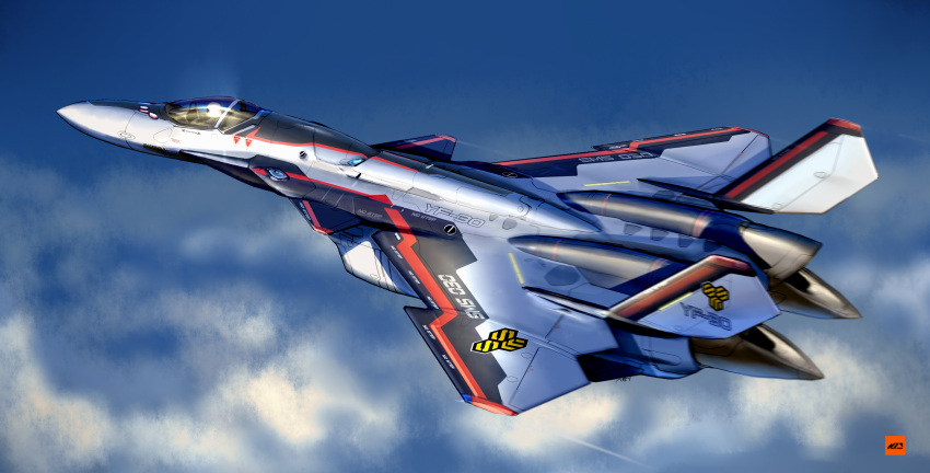 1other absurdres aircraft airplane ambiguous_gender asterozoa canopy_(aircraft) clouds fighter_jet flying from_side helmet highres jet macross macross_30 military military_vehicle science_fiction sky solo vehicle_focus yf-30