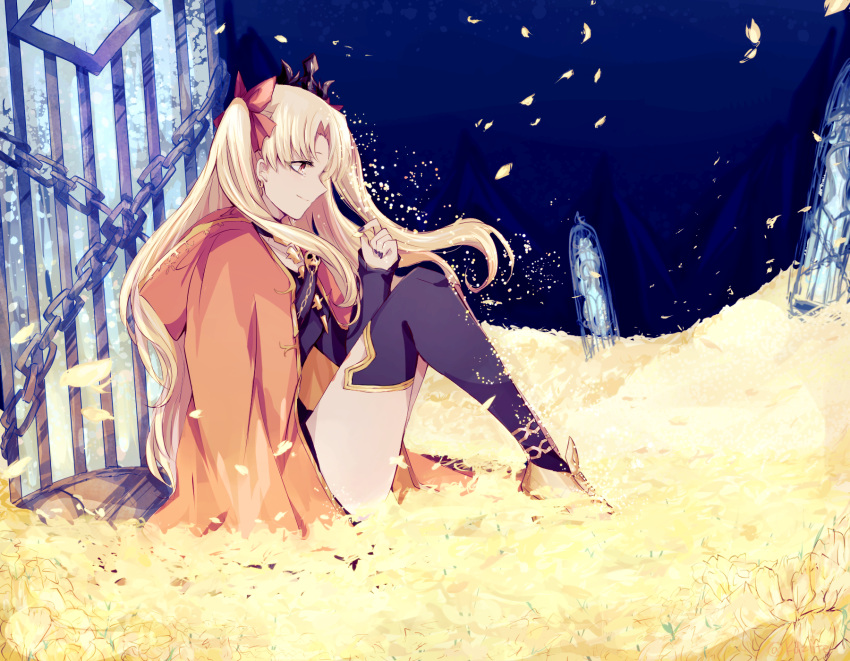 0825belle 1girl bangs black_nails black_thighhighs blonde_hair cape earrings ereshkigal_(fate) fate/grand_order fate_(series) hair_ribbon highres hoop_earrings infinity jewelry long_hair parted_bangs red_cape red_eyes red_ribbon ribbon single_thighhigh sitting solo thigh-highs tiara two_side_up very_long_hair yellow_cape