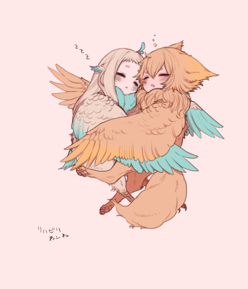 2girls animal_ears bachikin_(kingyo155) bangs bird_legs blue_feathers blush brown_background brown_feathers cat_ears closed_eyes cuddling feathers harpy highres hybrid long_hair monster_girl multiple_girls open_mouth original short_hair simple_background sleep_bubble sleeping winged_arms wings zzz