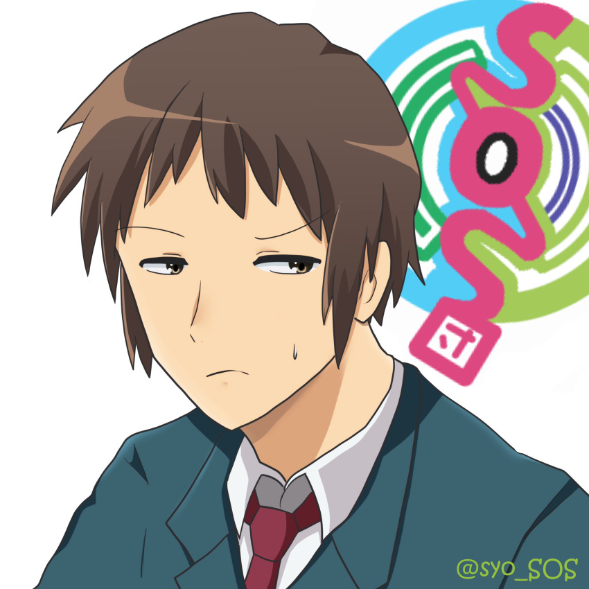 1boy artist_name bangs blazer brown_eyes brown_hair closed_mouth collared_shirt green_jacket highres jacket kita_high_school_uniform kyon looking_to_the_side male_focus necktie portrait red_necktie school_uniform shirt short_hair simple_background solo sos-dan_logo suzumiya_haruhi_no_yuuutsu sweatdrop tsukumo_(tsukumo_sos) twitter_username watermark white_background white_shirt