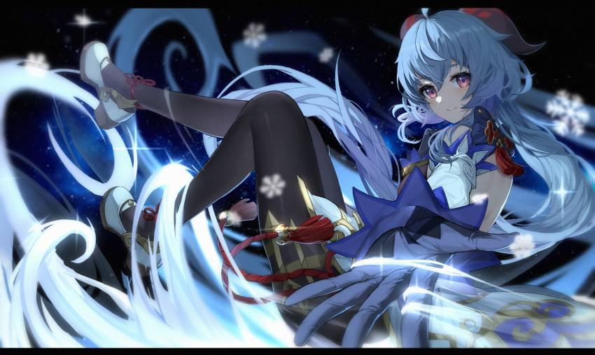 1girl absurdres ahoge backless_outfit bangs bare_shoulders bell black_pantyhose blue_gloves blue_hair detached_sleeves floating from_side full_body ganyu_(genshin_impact) geez genshin_impact gloves gold_trim high_heels highres horns long_hair looking_at_viewer magic neck_bell pantyhose sidelocks smile snowflakes solo tassel teeth thighlet thighs violet_eyes white_sleeves wind