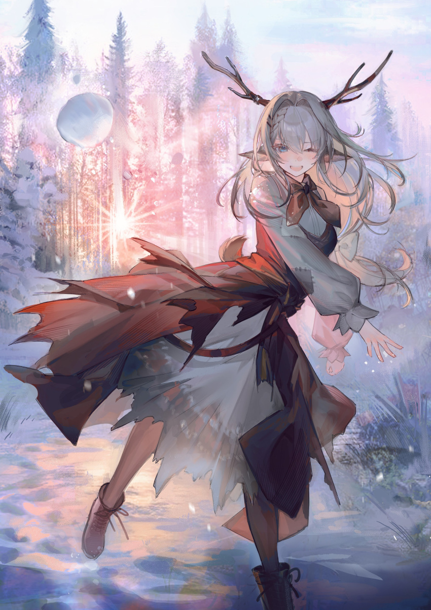 1girl ;d absurdres alina_(arknights) animal_ears arknights black_dress black_footwear black_neckerchief blue_eyes boots commentary day deer_antlers deer_ears deer_girl deer_tail dress english_commentary forest highres long_hair long_sleeves looking_at_viewer nature neckerchief neriash one_eye_closed open_mouth outdoors pinafore_dress pine_tree smile snow snowball solo standing sunlight tail teeth throwing tree upper_teeth winter