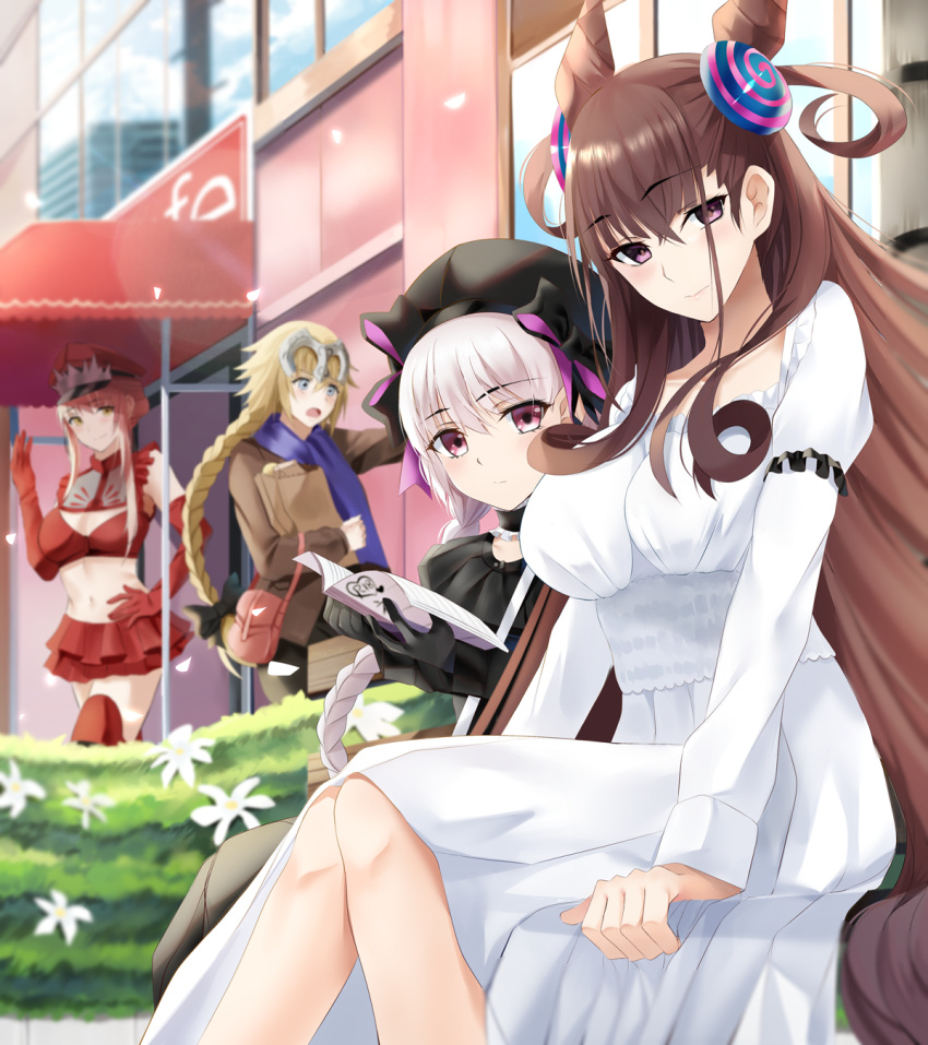 arm_up bangs blonde_hair blue_eyes book braid braided_ponytail brown_eyes brown_hair dress elbow_gloves fate/grand_order fate_(series) gloves hat headpiece highres holding holding_book jeanne_d'arc_(fate) jeanne_d'arc_(ruler)_(fate) long_hair looking_at_viewer medb_(alluring_chief_warden_look)_(fate) medb_(fate) military_hat murasaki_shikibu_(fate) nicky_w nursery_rhyme_(fate) pink_hair red_gloves short_hair sitting skirt violet_eyes white_hair yellow_eyes