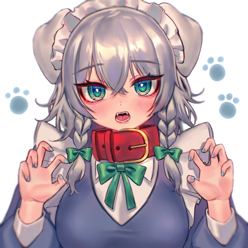 1girl absurdres animal_ears blue_nails blush bow braid breasts claw_pose collar dog_ears fangs floppy_ears green_bow hair_between_eyes highres izayoi_sakuya nail_polish open_mouth qiu_ju simple_background solo teeth tongue touhou twin_braids uvula white_background