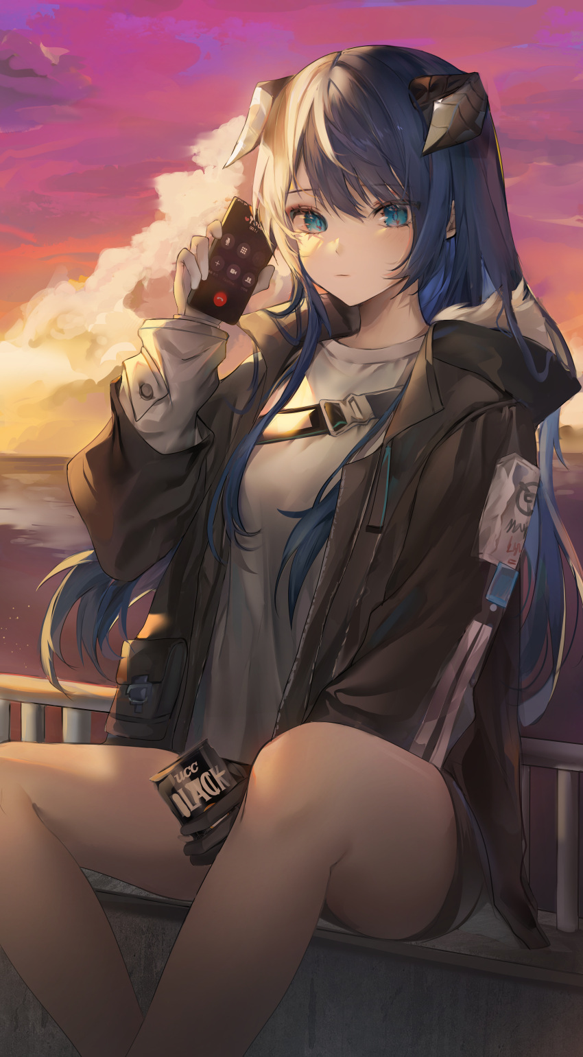 1girl absurdres arknights asymmetrical_gloves blue_eyes blue_hair can cellphone fur-trimmed_jacket fur_trim gloves highres holding holding_phone horns jacket long_hair mismatched_gloves mostima_(arknights) phone ramune_(raamu) shirt shorts sitting smartphone sunset white_shirt