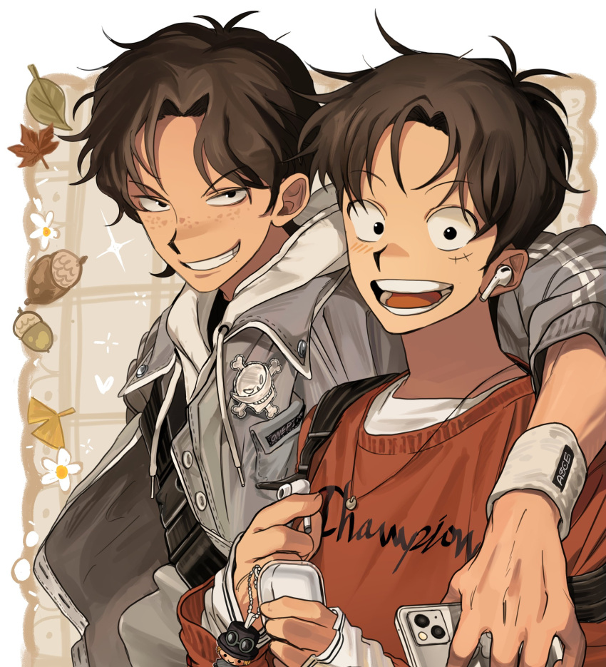 2boys arm_around_shoulder bangs bishounen black_eyes bluetooth_headset brothers brown_hair character_request check_character commentary freckles grin highres holding holding_phone jacket looking_at_viewer lower_teeth male_focus monkey_d._luffy multiple_boys one_piece open_mouth phone portgas_d._ace red_shirt sam_one111 scar scar_on_face shirt short_hair siblings smile teeth upper_body upper_teeth