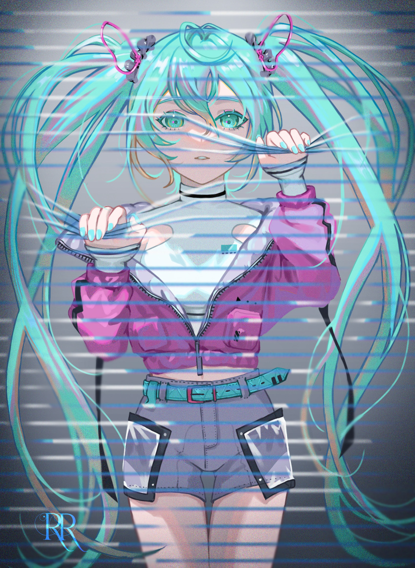 1girl absurdres aqua_eyes aqua_hair aqua_nails blinds curtains grey_shorts hatsune_miku highres jacket long_hair looking_at_viewer nail_polish parted_lips pink_jacket rolling-ruffles shirt shorts solo turtleneck twintails very_long_hair vocaloid white_shirt window