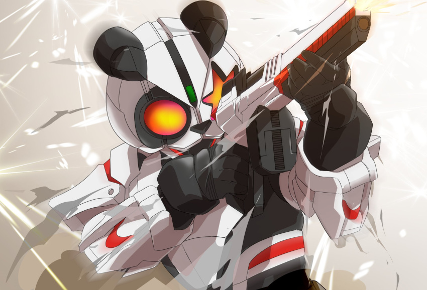 1boy aiming aiming_up armor black_bodysuit black_gloves bodysuit firing gloves gun handgun helmet highres kamen_rider kamen_rider_da-paan kamen_rider_geats_(series) magnum_buckle magnum_shooter_40x male_focus miyabi_(037) panda rifle shoulder_armor solo star_(symbol) upper_body weapon