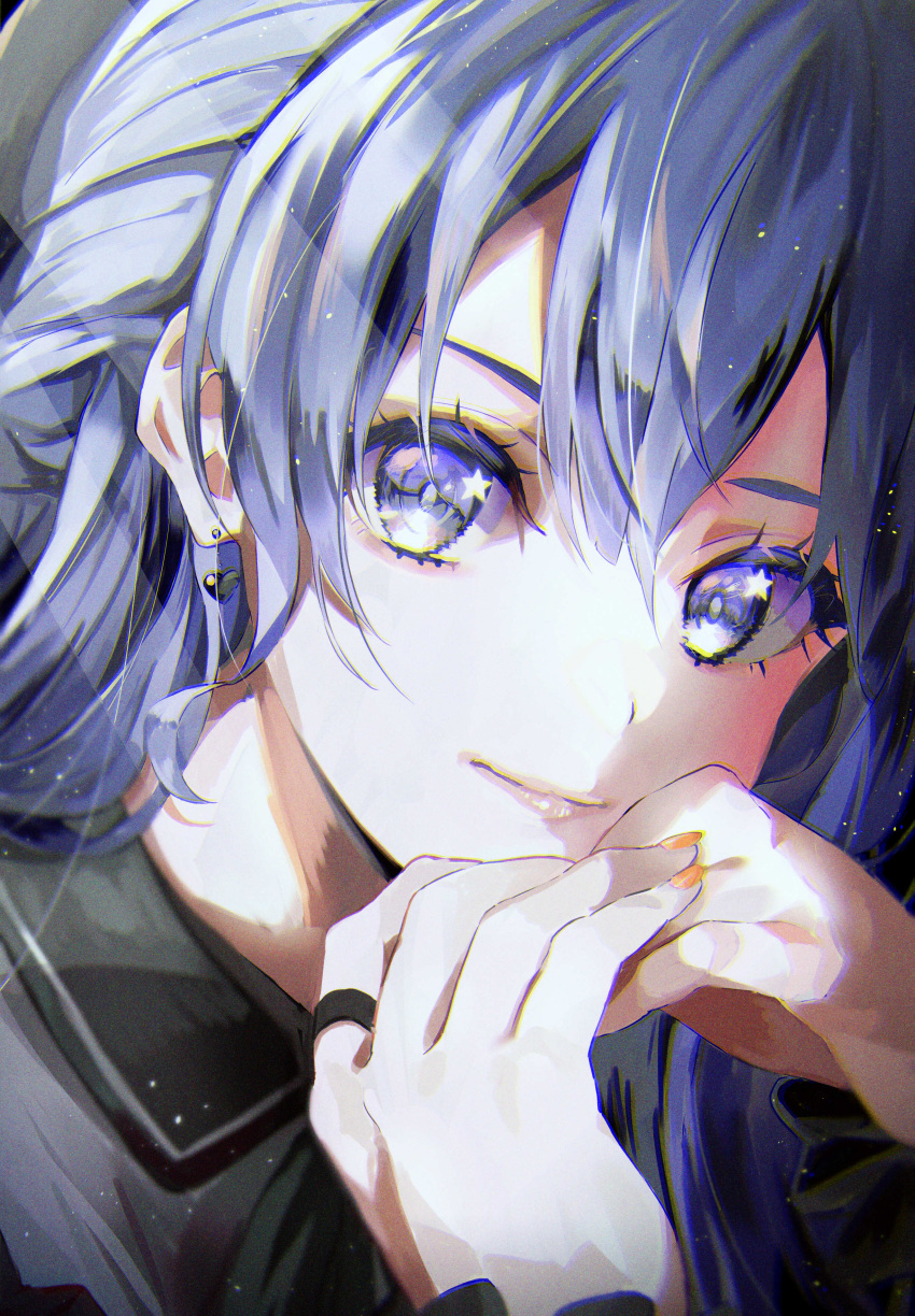 1girl absurdres bangs black_collar blue_eyes blue_hair close-up closed_mouth collar collared_shirt commentary_request earrings eyelashes grey_shirt hair_between_eyes hands_up highres hololive hoshimachi_suisei jewelry leaning_forward lips looking_at_viewer orange_nails own_hands_together portrait ring shadow shirt solo star_(symbol) star_in_eye symbol_in_eye virtual_youtuber yudu_twt