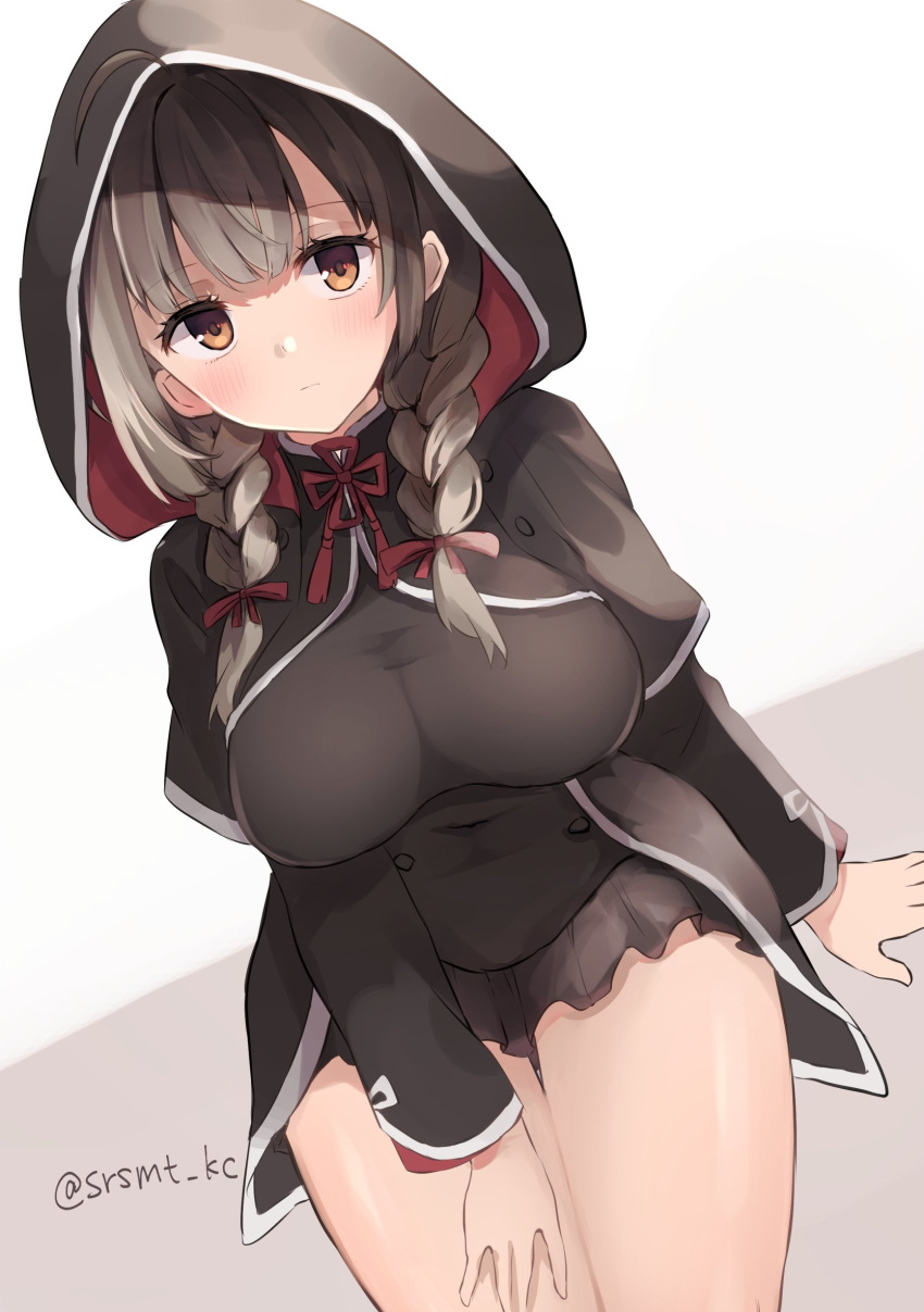 1girl black_capelet black_dress blush braid breasts brown_eyes brown_hair buttons capelet closed_mouth cowboy_shot dress highres hood hooded_capelet kantai_collection large_breasts long_hair long_sleeves red_ribbon ribbon shinshuu_maru_(kancolle) shirasumato solo twin_braids twitter_username