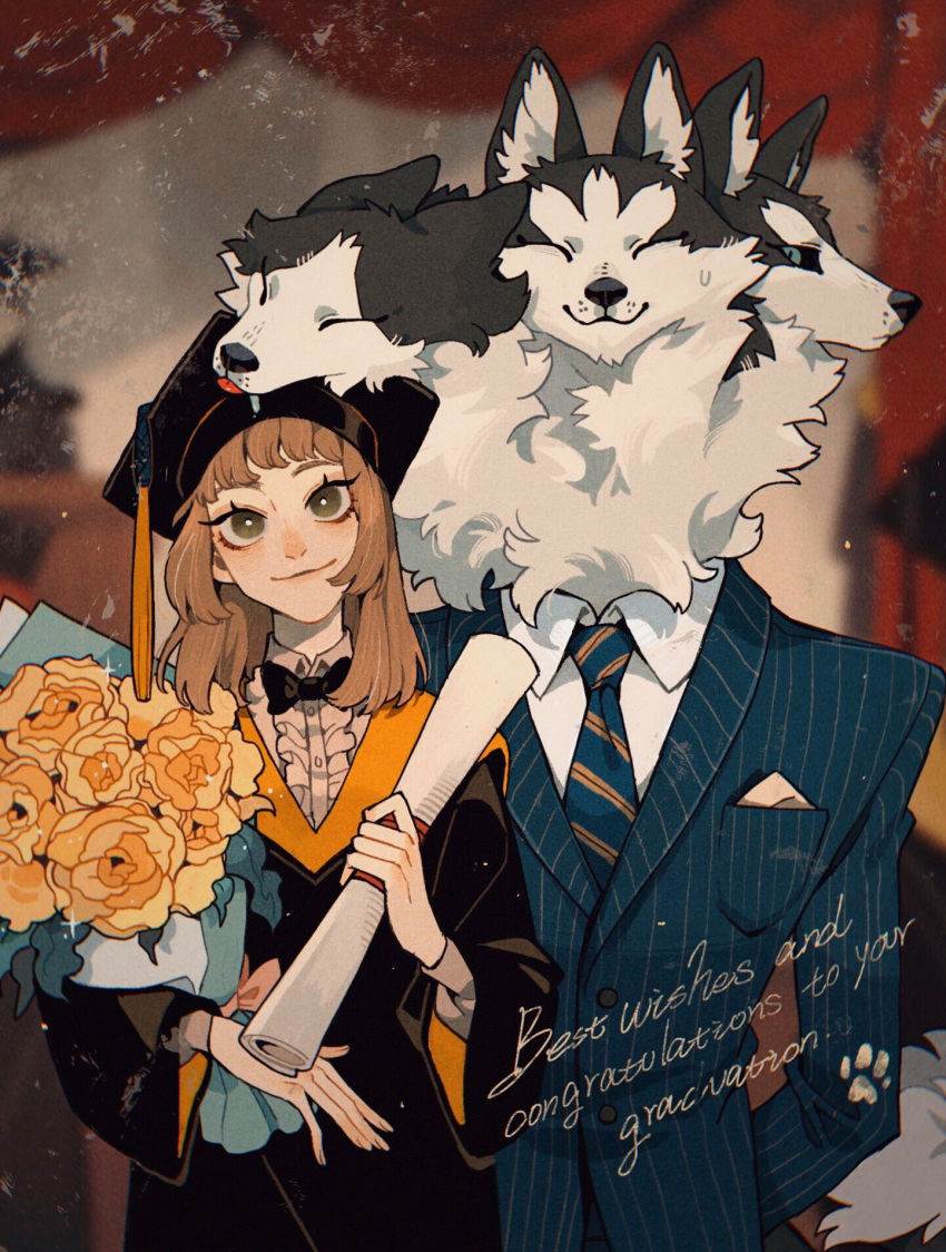 1girl 3boys animal_ears bart_(juanmao) basil_(juanmao) benson_(juanmao) black_bow black_bowtie black_fur black_sclera blue_eyes blue_necktie blue_suit body_fur bouquet bow bowtie bright_pupils brown_hair cerberus chinese_commentary closed_eyes collared_shirt colored_sclera diploma dress english_text father_and_daughter flower formal frills furry furry_male gown graduation green_eyes hand_on_another's_head hands_up hat head_rest highres holding indoors juanmao looking_at_another looking_at_viewer medium_hair mortarboard multiple_boys multiple_heads necktie orange_flower orange_rose original rose saliva shirt smile standing striped_necktie striped_suit suit tail tongue tongue_out two-sided_fabric upper_body white_fur white_pupils white_shirt wolf_boy wolf_ears wolf_tail yellow_necktie