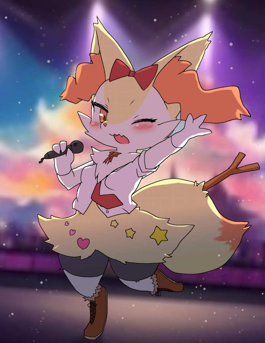 1girl :3 animal_ear_fluff animal_ears animal_hands animal_nose arm_up backlighting black_fur blurry blurry_background blush body_fur bottomless bow bowtie braixen breasts brown_footwear buttons clothed_pokemon commentary_request dutch_angle english_commentary fang fox_ears fox_girl fox_tail full_body fur_collar furry furry_female gloves hair_bow hand_up happy heart highres holding holding_microphone idol leg_up light_particles looking_at_viewer microphone mixed-language_commentary multicolored_fur music necktie one_eye_closed open_mouth orange_eyes outstretched_arm partial_commentary pokemon pokemon_(creature) red_bow red_bowtie red_necktie shirt shoes short_sleeves singing skin_fang small_breasts smile snout socks solo spotlight standing standing_on_one_leg star_(symbol) stick tail thighs white_fur white_gloves white_shirt white_socks xanadu_corona yellow_fur