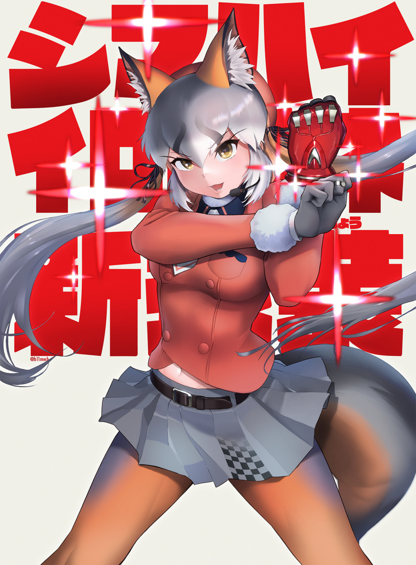 1girl animal_costume animal_ear_fluff animal_ears beleven blazer fox_ears fox_girl fox_tail gloves grey_hair hat highres island_fox_(kemono_friends) jacket kemono_friends kemono_friends_v_project kill_la_kill kneehighs long_hair looking_at_viewer multicolored_hair necktie orange_hair parody ribbon shirt skirt socks solo tail twintails virtual_youtuber yellow_eyes