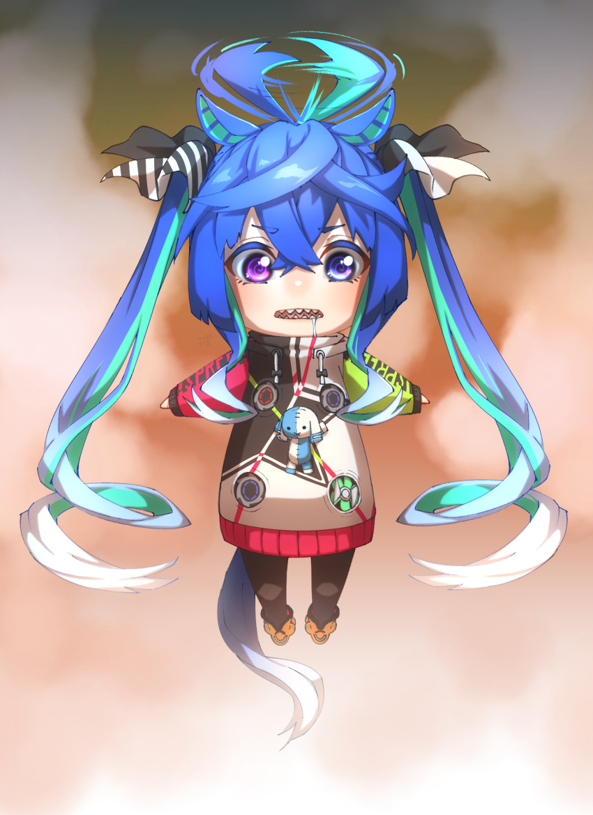 1girl @_@ ahoge animal_ears bangs blue_eyes blue_hair chibi commentary crossed_bangs drawstring drooling ear_covers flying full_body green_hair hair_between_eyes hair_ribbon heterochromia highres horse_ears horse_girl horse_tail jacket long_hair long_sleeves looking_at_viewer multicolored_hair open_mouth outstretched_arms pun ribbon saliva sharp_teeth sidelocks solo spread_arms tail teeth thin_(suzuneya) twin_turbo_(umamusume) twintails two-tone_hair umamusume very_long_hair violet_eyes