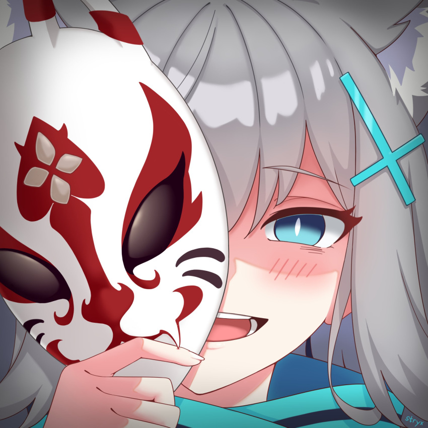 animal_ear_fluff animal_ears bangs blue_archive blue_eyes blue_scarf blush bright_pupils cross_hair_ornament evil_smile extra_ears fox_mask grey_hair hair_ornament highres holding holding_mask looking_at_viewer mask scarf shiroko_(blue_archive) smile stryx wolf_ears yandere