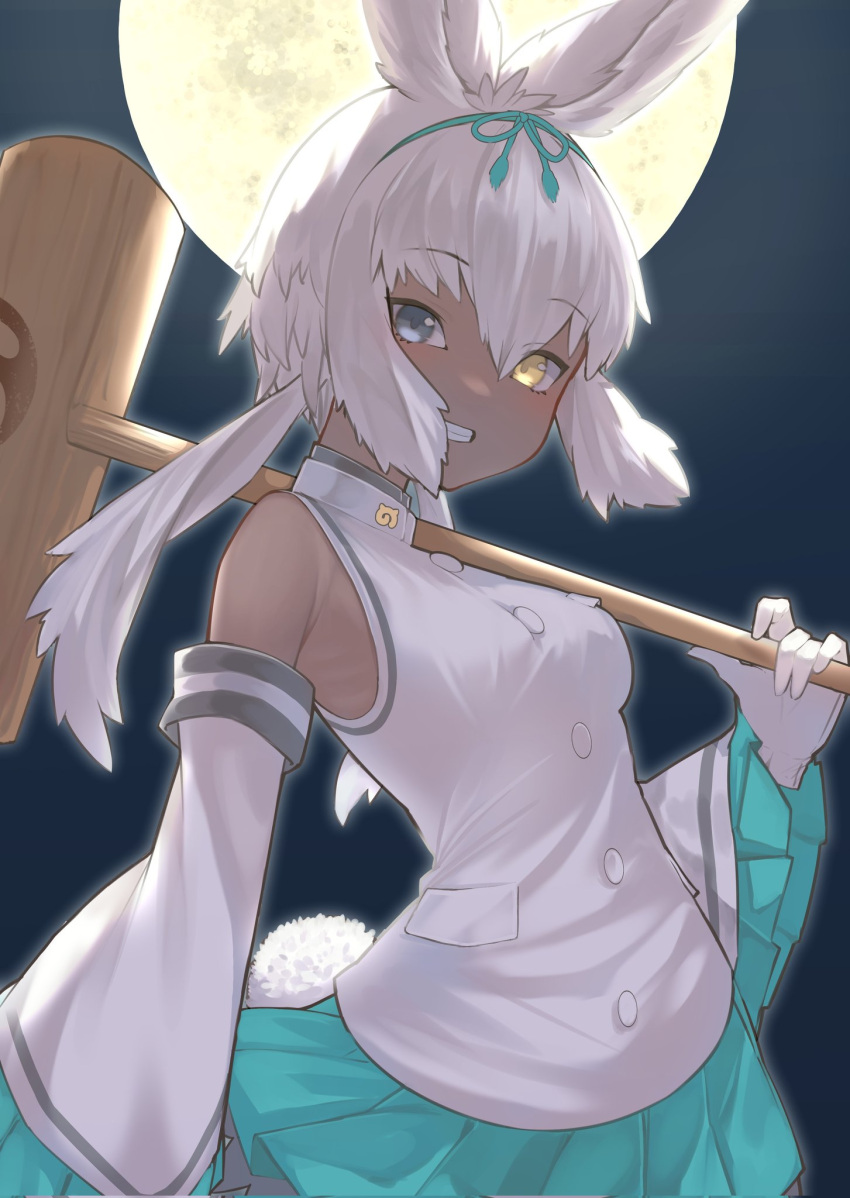 1girl akuma_(st.takuma) animal_ears aqua_skirt bangs bare_shoulders blue_eyes breasts commentary dark-skinned_female dark_skin detached_sleeves frilled_sleeves frills full_moon gloves grin hair_between_eyes heterochromia highres japari_symbol kemono_friends kemono_friends_3 kine long_hair long_sleeves looking_at_viewer low_twintails mallet medium_breasts moon pleated_skirt rabbit_ears rabbit_girl rabbit_tail shirt skirt smile solo tail tsukuyomi_shinshi_(kemono_friends) twintails white_gloves white_hair white_shirt wide_sleeves yellow_eyes