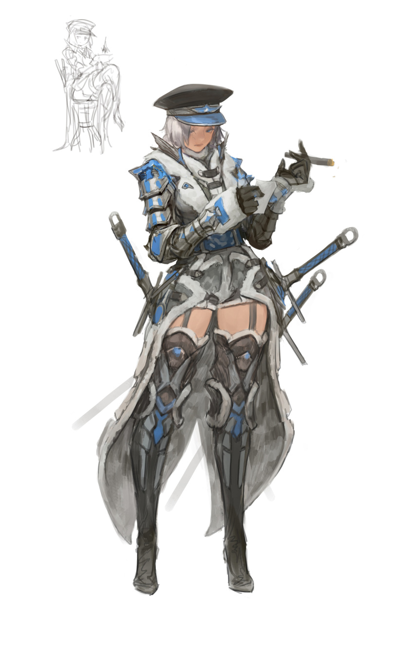 1girl absurdres agoto armor belt blue_eyes boots breasts coat full_body garter_straps hat highres holding holding_paper medium_breasts original paper scar scar_across_eye shoulder_armor solo standing sword thigh-highs thighs weapon white_hair