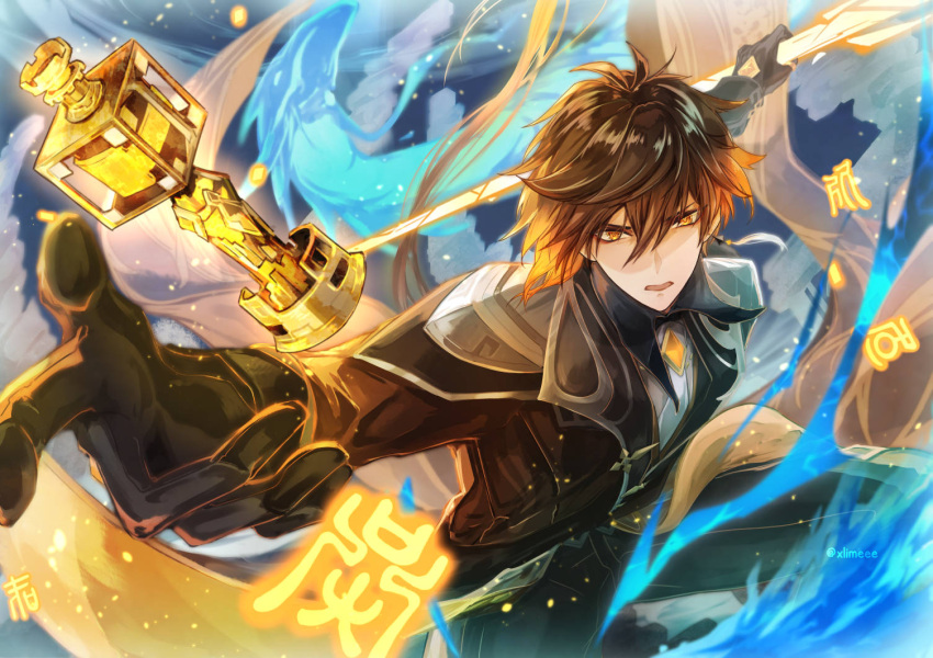 1boy bangs black_gloves brown_hair coattails collared_shirt diamond-shaped_pupils diamond_(shape) earrings eyeshadow formal genshin_impact gloves gnosis_(genshin_impact) gradient_hair hair_between_eyes jewelry long_hair long_sleeves makeup male_focus multicolored_hair necktie orange_hair osial_(genshin_impact) pants ponytail red_eyeshadow shirt single_earring solo suit symbol-shaped_pupils tassel tassel_earrings vest xlimeee yellow_eyes zhongli_(genshin_impact)