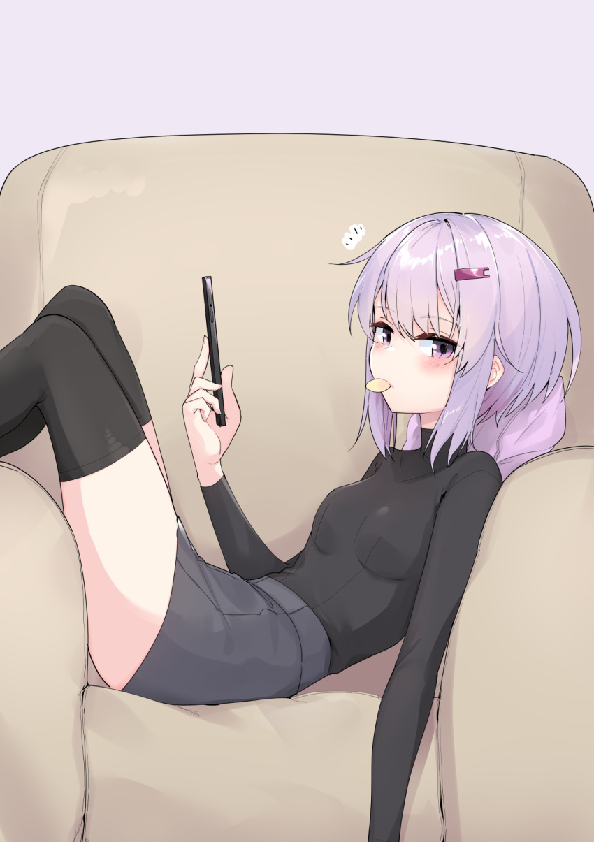1girl armchair black_shirt black_thighhighs breasts cellphone chair commentary_request feet_out_of_frame food_in_mouth from_side grey_skirt hair_ornament hairclip highres holding holding_phone knees_up long_sleeves looking_at_viewer looking_to_the_side mouth_hold on_chair phone pink_background purple_hair shirt simple_background skirt small_breasts solo thigh-highs violet_eyes voiceroid yuzuki_yukari yuzuki_yukari_(shizuku) zooanime