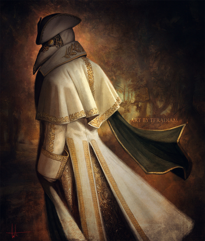 1other ambiguous_gender artist_name feet_out_of_frame from_side highres long_sleeves mask original outdoors plague_doctor plague_doctor_mask robe signature solo teradiam tree white_headwear white_robe