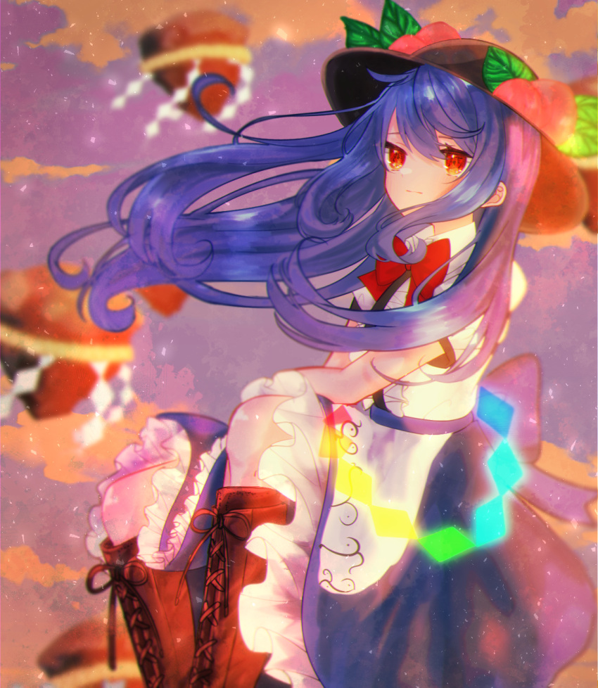 1girl bangs black_headwear blue_hair blue_skirt blurry blurry_background boots bow bowtie brown_footwear center_frills closed_mouth commentary_request cross-laced_footwear feet_out_of_frame frilled_skirt frills gyokuro_(maposo140203) hat highres hinanawi_tenshi keystone leaf_hat_ornament long_hair peach_hat_ornament rainbow_order red_bow red_bowtie red_eyes short_sleeves skirt solo touhou
