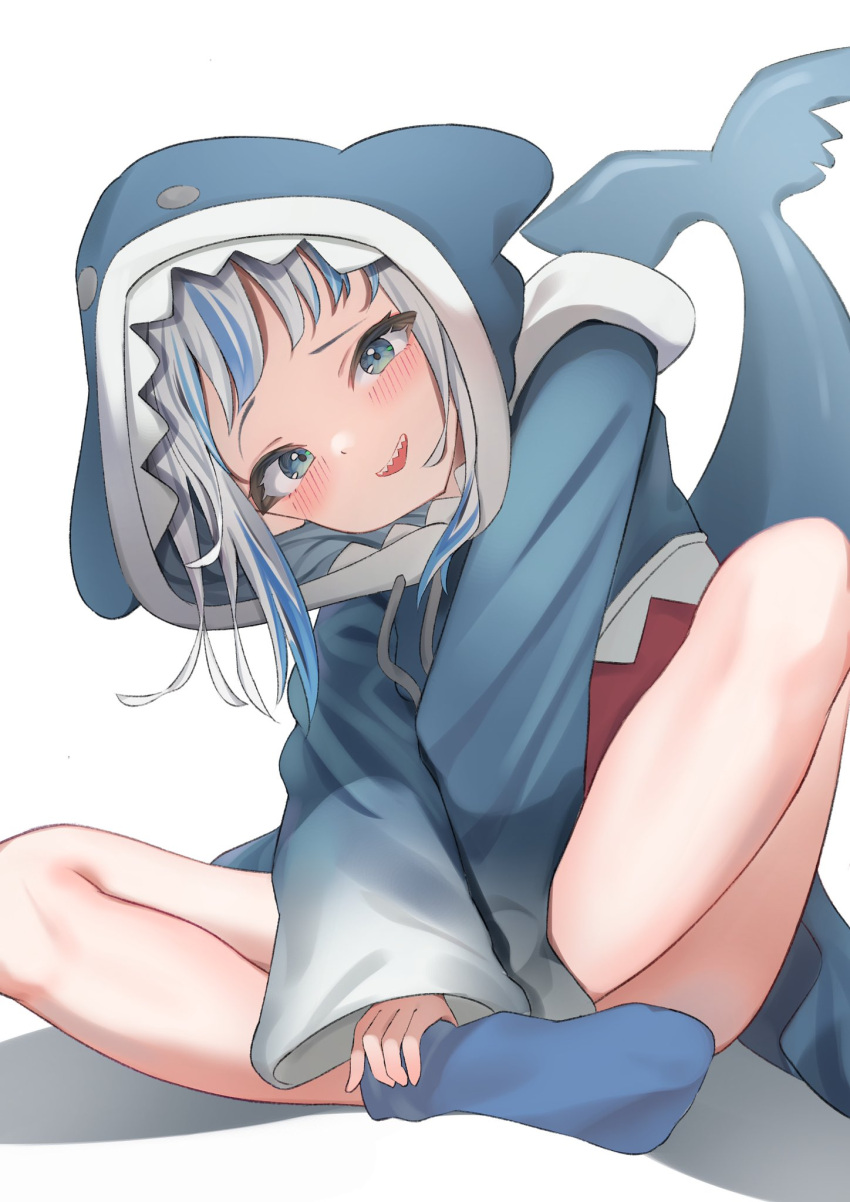 1girl animal_hood bangs blue_eyes blue_hair blue_hoodie blue_socks blunt_bangs blush commentary_request fish_tail gawr_gura grey_hair hands_on_feet head_tilt highres hololive hololive_english hood hoodie leaning_forward legs long_hair long_sleeves looking_at_viewer multicolored_hair no_shoes oversized_clothes shadow shark_girl shark_hood shark_tail sharp_teeth shiny shiny_skin sidelocks simple_background sleeves_past_wrists socks solo streaked_hair tail taro._(tataroro_1) teeth virtual_youtuber white_background wide_sleeves