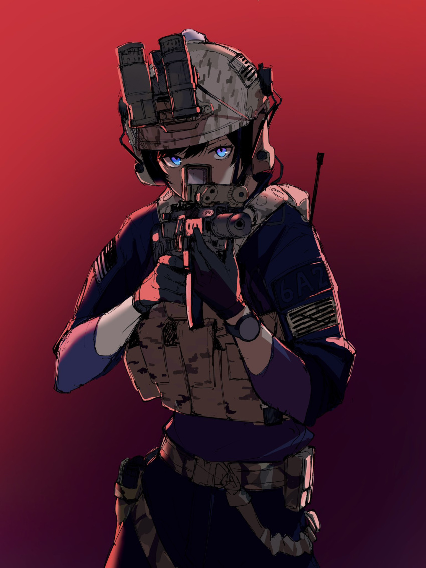 1girl american_flag ammunition_pouch ar-15 assault_rifle black_hair blue_eyes gloves gun helmet highres looking_at_viewer night_vision_device original pen_guin15 pouch red_background rifle short_hair solo suppressor weapon