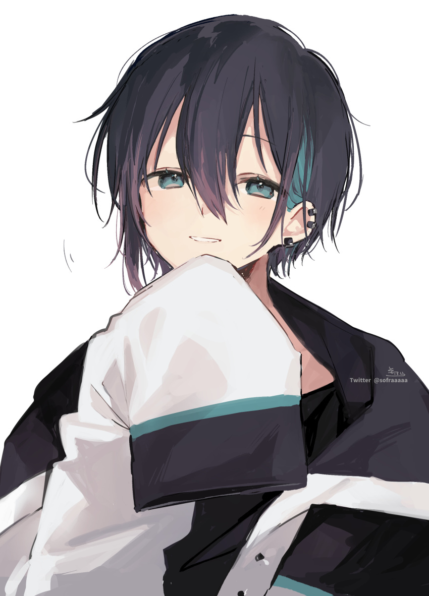 1boy absurdres bangs black_hair black_shirt blue_eyes blue_hair ear_piercing earrings hair_between_eyes hand_up highres jacket jewelry long_sleeves looking_at_viewer male_focus mayuzumi_kai multicolored_hair nijisanji open_clothes open_jacket parted_lips piercing shirt signature simple_background sleeves_past_fingers sleeves_past_wrists smile sofra solo streaked_hair twitter_username virtual_youtuber white_background white_jacket
