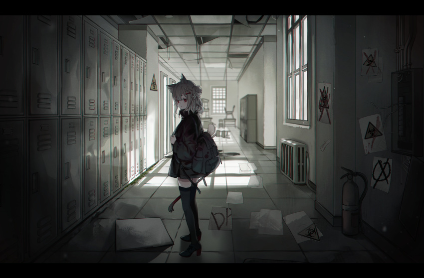 1girl absurdres animal_ear_fluff animal_ears asymmetrical_bangs backpack bag bangs biohazard_symbol bizet black_bag black_coat black_thighhighs blurry blurry_background cat_ears coat crowbar fire_extinguisher full_body grey_hair hair_bun highres holding holding_strap indoors letterboxed light_particles locker locker_room long_sleeves looking_at_viewer medium_hair original paper platform_footwear radiator red_eyes single_hair_bun solo standing sunlight thigh-highs vanishing_point window