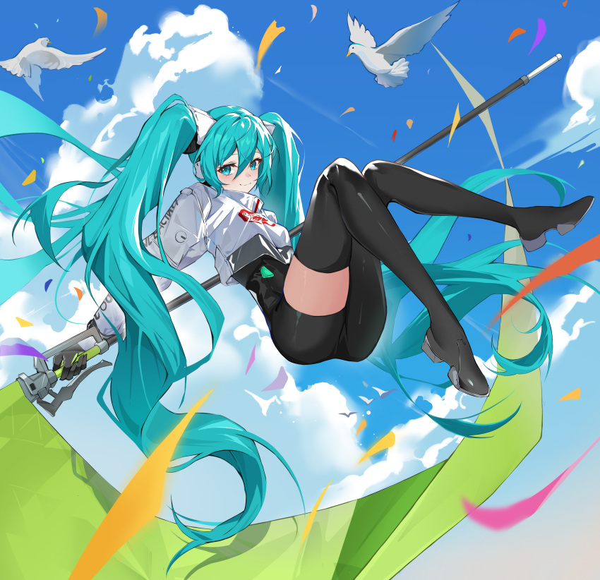 1girl absurdres bird blonde_hair blue_eyes clouds cloudy_sky confetti flag hatsune_miku highres jacket long_hair long_sleeves midair paradox_(parapa) pigeon shoes sky smile solo thigh-highs twintails vocaloid