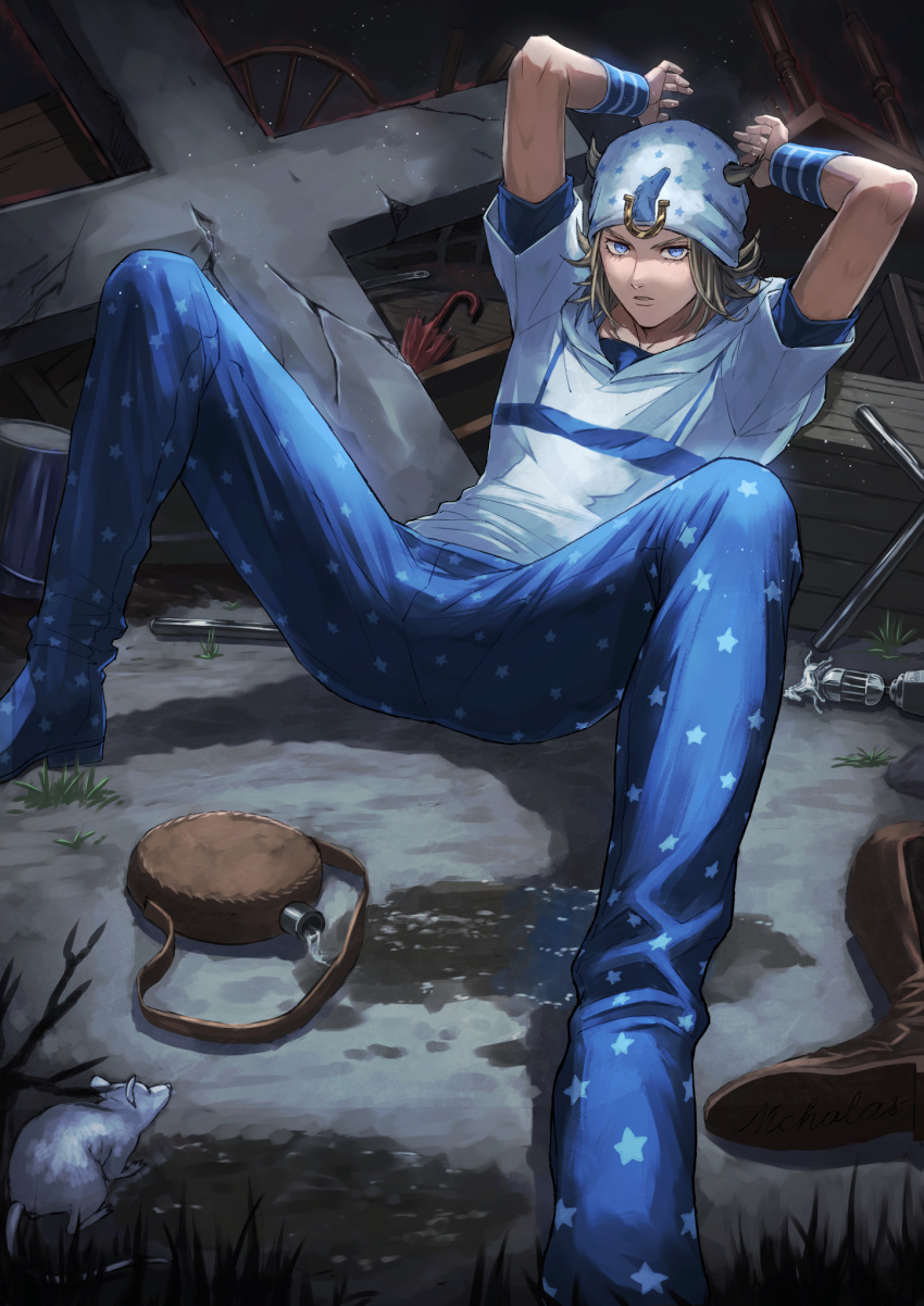 1boy @acchom_zatta animal_ears arms_up blonde_hair blue_eyes blue_pants boots closed_mouth concrete cross destruction glaring highres johnny_joestar jojo_no_kimyou_na_bouken looking_at_viewer male_focus mouse pants short_hair short_sleeves sitting solo spill spread_legs star_(symbol) star_print steel_ball_run water wrist_cuffs