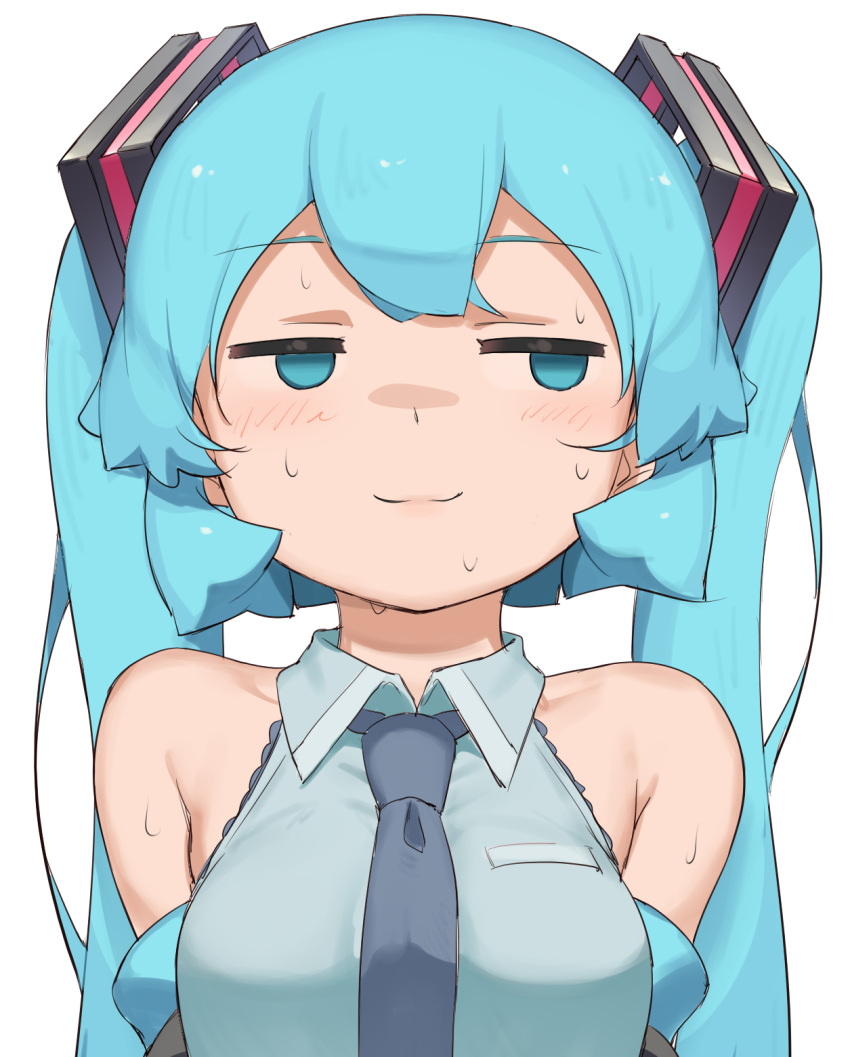 1girl :3 abmayo bangs bare_shoulders blush breasts closed_mouth collared_shirt green_hair green_necktie grey_background grey_shirt hair_ornament hatsune_miku highres long_hair medium_breasts necktie shiny shiny_hair shirt sideways_glance simple_background solo sweat twintails upper_body vocaloid