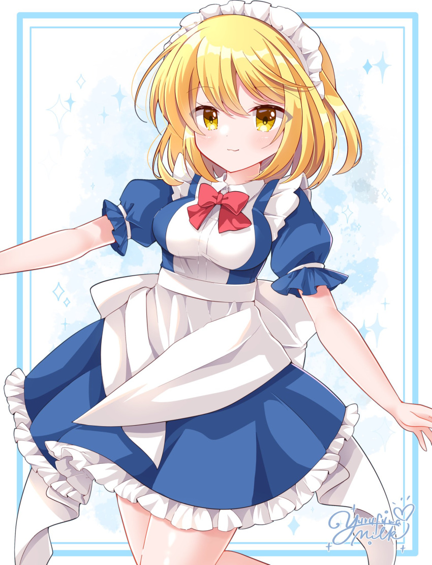 1girl :3 apron back_bow blonde_hair blue_dress blush bow collared_shirt cowboy_shot dress frilled_dress frilled_sleeves frills highres maid maid_headdress mugetsu_(touhou) puffy_short_sleeves puffy_sleeves shirt short_hair short_sleeves solo touhou touhou_(pc-98) waist_apron waist_bow white_apron white_bow white_shirt yellow_eyes yurufuwa_milk