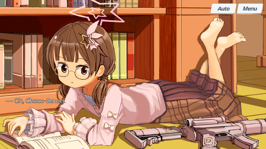 1girl assault_rifle barefoot book bookshelf brown_eyes brown_hair commentary english_commentary feet_up flat_chest glasses gun hair_ornament halo highres hololive long_skirt low_twintails lying on_stomach rifle sixten skirt solo star_(symbol) star_hair_ornament star_halo the_pose tokino_sora twintails weapon