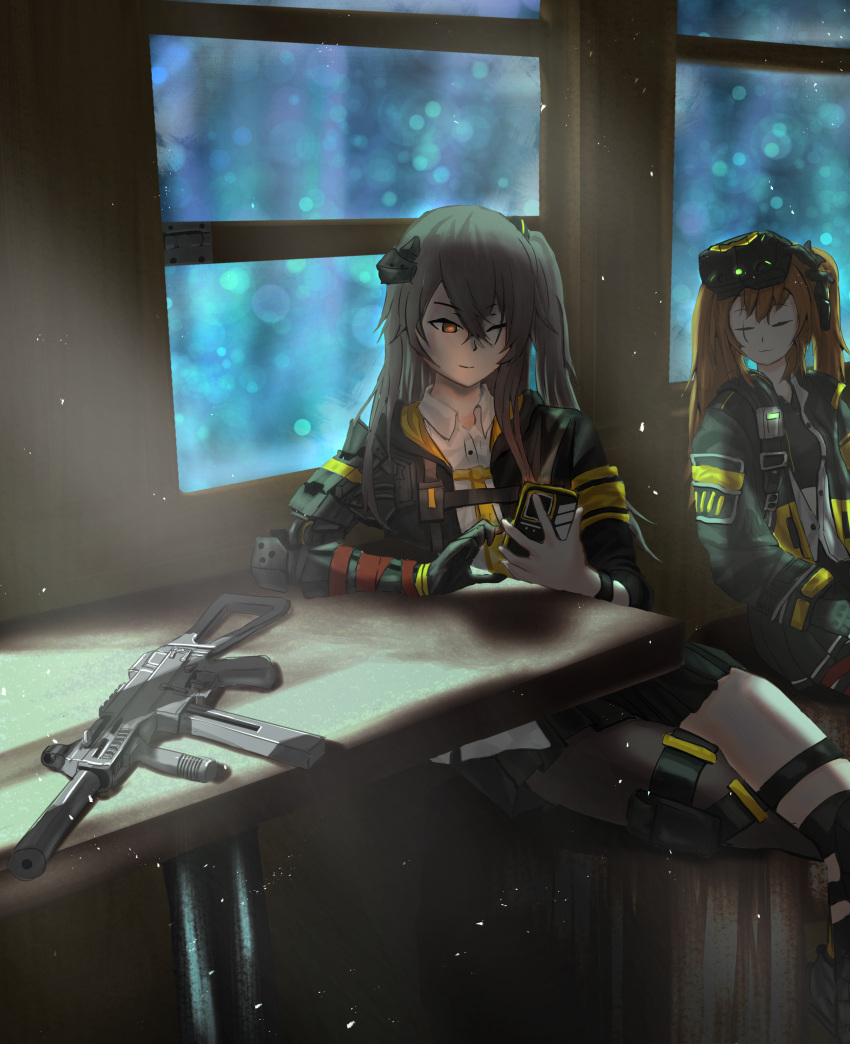 2girls absurdres bangs brown_eyes brown_hair closed_eyes closed_mouth commentary_request feet_out_of_frame girls_frontline grey_hair gun h&amp;k_ump45 hair_between_eyes hair_ornament highres holding holding_phone jacket long_hair long_sleeves looking_at_phone mod3_(girls'_frontline) multiple_girls one_side_up panzerboy phone pleated_skirt scar scar_across_eye scar_on_face shirt single_leg_pantyhose sitting skirt sleeping smile twintails ump45_(girls'_frontline) ump9_(girls'_frontline) weapon white_shirt