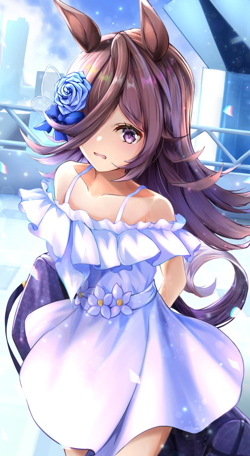1girl absurdres animal_ears arms_behind_back brown_hair collarbone commentary cowboy_shot day dress flower hair_flower hair_ornament hair_over_one_eye highres horse_ears horse_girl long_hair open_mouth outdoors rice_shower_(umamusume) sleeveless sleeveless_dress solo toymark umamusume violet_eyes white_dress