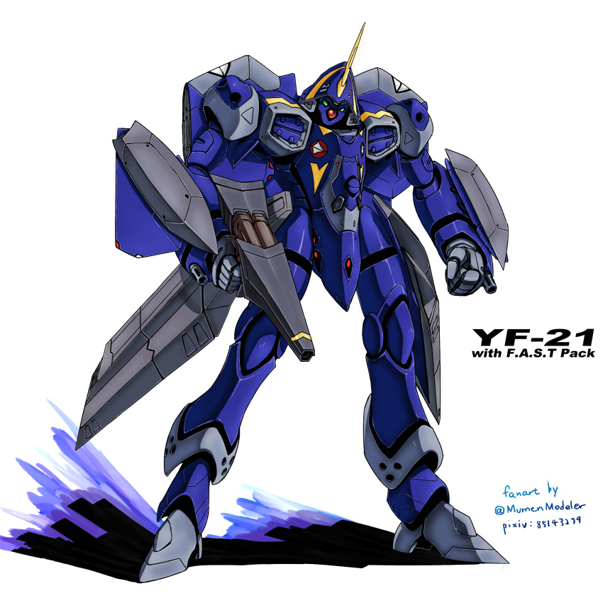 1990s_(style) arm_cannon character_name clenched_hand clip_studio_paint_(medium) energy_cannon english_commentary english_text engrish_commentary gunpod highres macross macross_plus marker_(medium) mecha mumen_(mumenmodeler) no_humans official_style prototype reactive_armor retro_artstyle robot roundel science_fiction shadow shield sketch thrusters traditional_media u.n._spacy variable_fighter weapon yf-21
