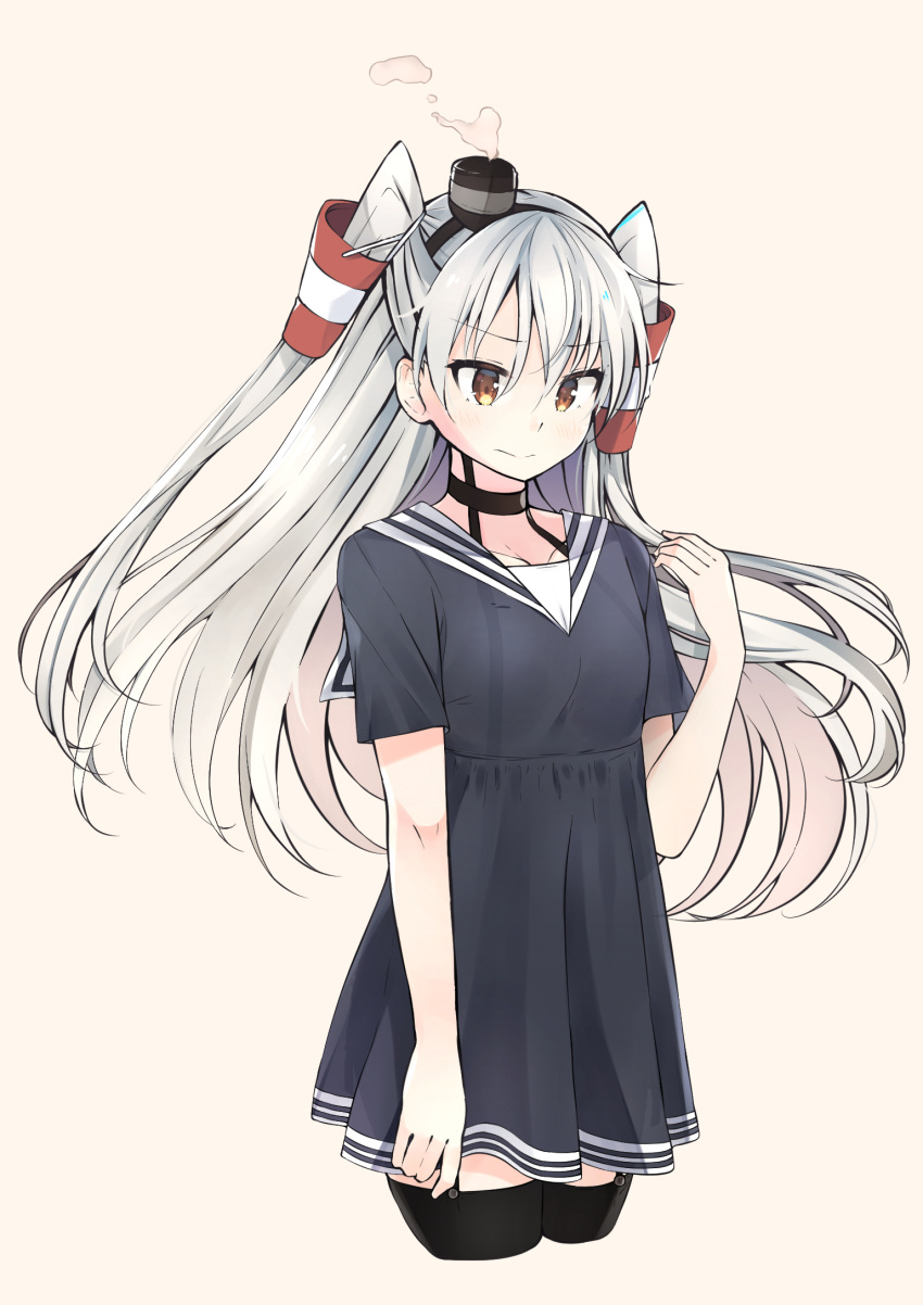 1girl alternate_costume amatsukaze_(kancolle) black_dress black_thighhighs breasts brown_eyes dress garter_straps grey_hair hair_tubes highres kantai_collection long_hair myuto_(advent_retribution) short_dress short_sleeves small_breasts smoke smokestack_hair_ornament solo thigh-highs two_side_up