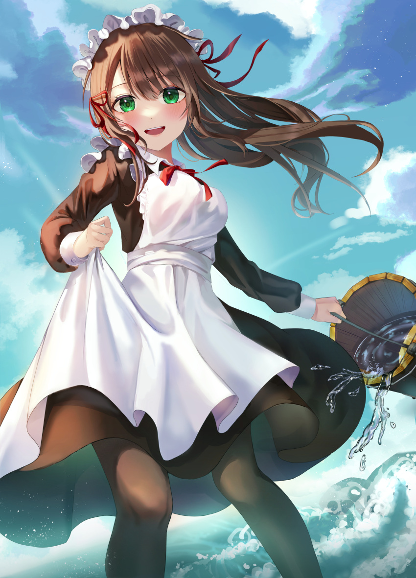 1girl absurdres alternate_costume apron bangs blue_sky brown_hair brown_pantyhose bucket chie_(user_snfh8333) clouds cloudy_sky day dress enmaided green_eyes highres holding holding_bucket holding_clothes holding_dress long_hair long_sleeves looking_at_viewer maid maid_headdress neck_ribbon ocean original pantyhose pinafore_dress red_ribbon ribbon sky smile standing swept_bangs teeth upper_teeth wading white_apron