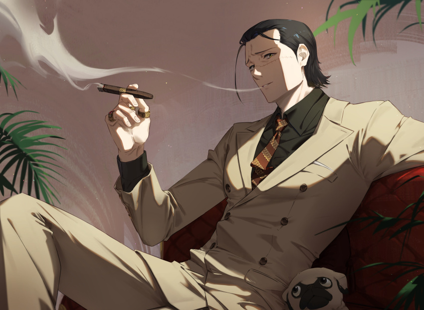 1boy absurdres alternate_costume animal black_hair black_shirt brown_jacket brown_pants cigar collared_shirt couch crocodile_(one_piece) dog formal hair_slicked_back hanamaki highres holding holding_cigar indoors jacket jewelry leaf long_sleeves looking_at_viewer male_focus necktie one_piece pants pug ring scar scar_on_face shirt short_hair sitting smoke smoking suit