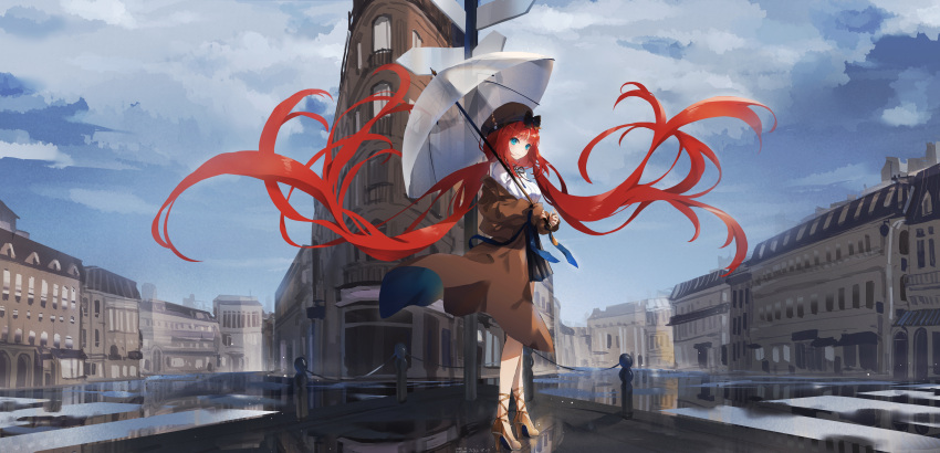 1girl absurdres alternate_costume blue_eyes blue_sky brown_headwear brown_jacket brown_skirt building cityscape closed_mouth clouds contemporary floating_hair forehead_jewel genshin_impact hat high_heels highres holding holding_umbrella jacket long_hair low_twintails nilou_(genshin_impact) outdoors redhead shirt skirt sky sleeves_past_wrists smile solo standing swkl:d twintails umbrella very_long_hair white_shirt