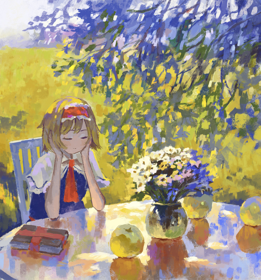 1girl alice_margatroid apple arm_support blonde_hair blue_dress book capelet chair closed_eyes closed_mouth day dress field fjsmu flower food frilled_hairband frills fruit grimoire_of_alice hairband hands_on_own_cheeks hands_on_own_face highres impressionism outdoors red_hairband short_hair sitting smile solo sunlight table touhou traditional_media tree white_capelet