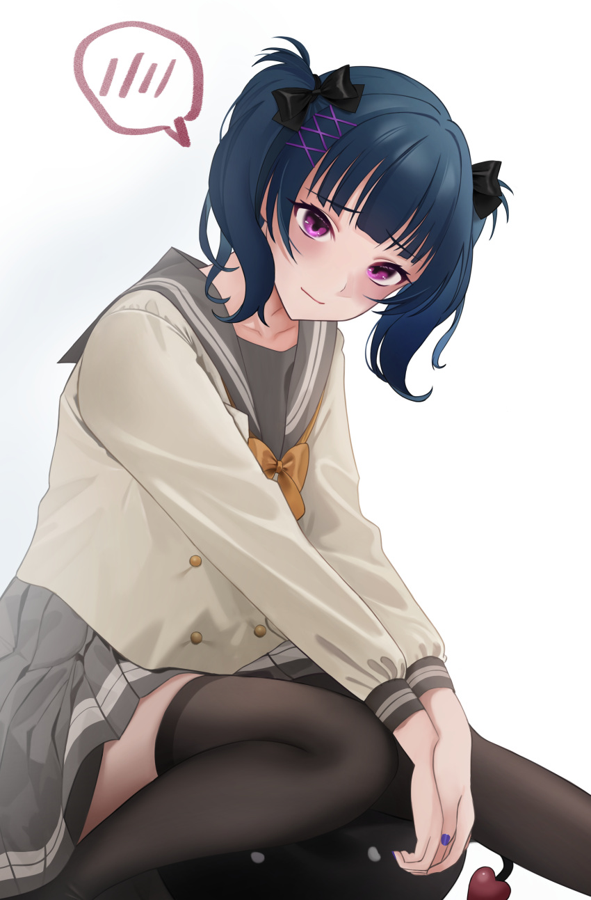 1girl absurdres alternate_hairstyle between_legs black_bow black_thighhighs blue_hair blush bow bowtie buttons closed_mouth double-breasted feet_out_of_frame furrowed_brow grey_sailor_collar grey_skirt hair_bow hair_ornament hand_between_legs highres horai_sennkyo long_sleeves looking_at_viewer love_live! love_live!_sunshine!! medium_hair miniskirt pleated_skirt sailor_collar school_uniform serafuku shirt sitting skirt smile solo spoken_blush thigh-highs tsushima_yoshiko twintails uranohoshi_school_uniform violet_eyes white_background white_serafuku white_shirt winter_uniform x_hair_ornament yellow_bow yellow_bowtie zettai_ryouiki
