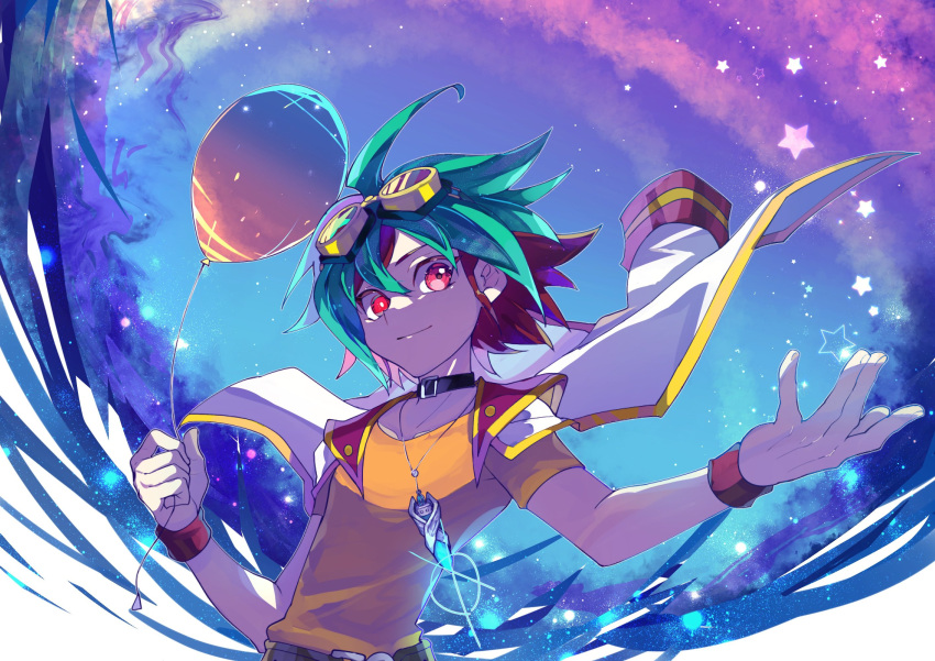 1boy balloon bangs cosmos_mrst dyed_bangs goggles goggles_on_head green_hair hair_between_eyes highres holding holding_balloon jacket jacket_on_shoulders jewelry looking_at_viewer male_focus multicolored_hair open_clothes open_jacket outstretched_hand pendant reaching_out red_eyes redhead sakaki_yuuya short_hair smile solo two-tone_hair yu-gi-oh! yu-gi-oh!_arc-v