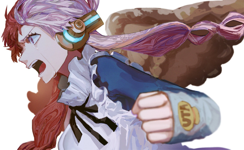 1girl black_ribbon clenched_hand crying crying_with_eyes_open frills from_side hair_rings headphones highres long_hair long_sleeves multicolored_hair one_piece one_piece:_film_red open_mouth patterned_hair pink_eyes pink_hair redhead ribbon solo streaming_tears tears uta_(one_piece) white_background wings yadu_nadu