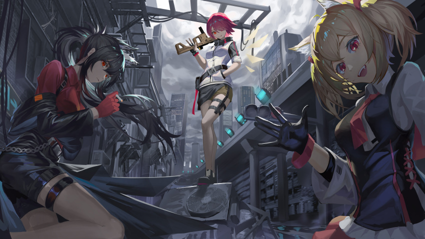 3girls :d \||/ absurdres animal_ear_fluff animal_ears arknights bag black_gloves black_hair black_jacket black_shorts black_skirt black_vest blonde_hair buckle building chain chinese_commentary cigarette city cityscape closed_mouth clouds cloudy_sky collared_shirt colored_inner_hair commentary detached_wings exusiai_(arknights) eyes_visible_through_hair fang fingerless_gloves gloves gun hair_between_eyes hair_over_one_eye hand_in_pocket head_tilt highres hikawa_(asas5254) holding holding_cigarette holding_gun holding_weapon hood hoodie jacket long_hair long_sleeves looking_at_viewer medium_hair multicolored_hair multiple_girls necktie off_shoulder official_alternate_costume open_clothes open_jacket open_mouth outdoors pink_necktie ponytail red_eyes red_gloves red_shirt redhead satchel shirt short_hair short_sleeves shorts skirt sky skyscraper smile sora_(arknights) submachine_gun teeth texas_(arknights) thigh_strap traffic_light twintails upper_teeth ventilation_shaft vest weapon white_hoodie white_shirt wings wolf_ears yellow_shirt