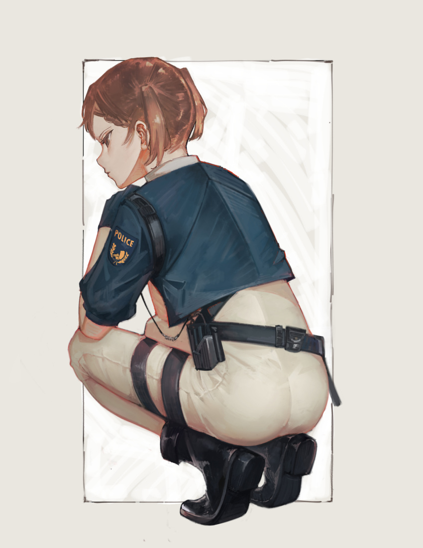 1girl ass bangs black_footwear blonde_hair blue_gloves blue_jacket braid closed_mouth from_behind gloves grey_background hand_up highres jacket original pants police police_uniform policewoman shiny shiny_hair shoes short_hair short_sleeves solo squatting twintails uniform watori_re white_pants
