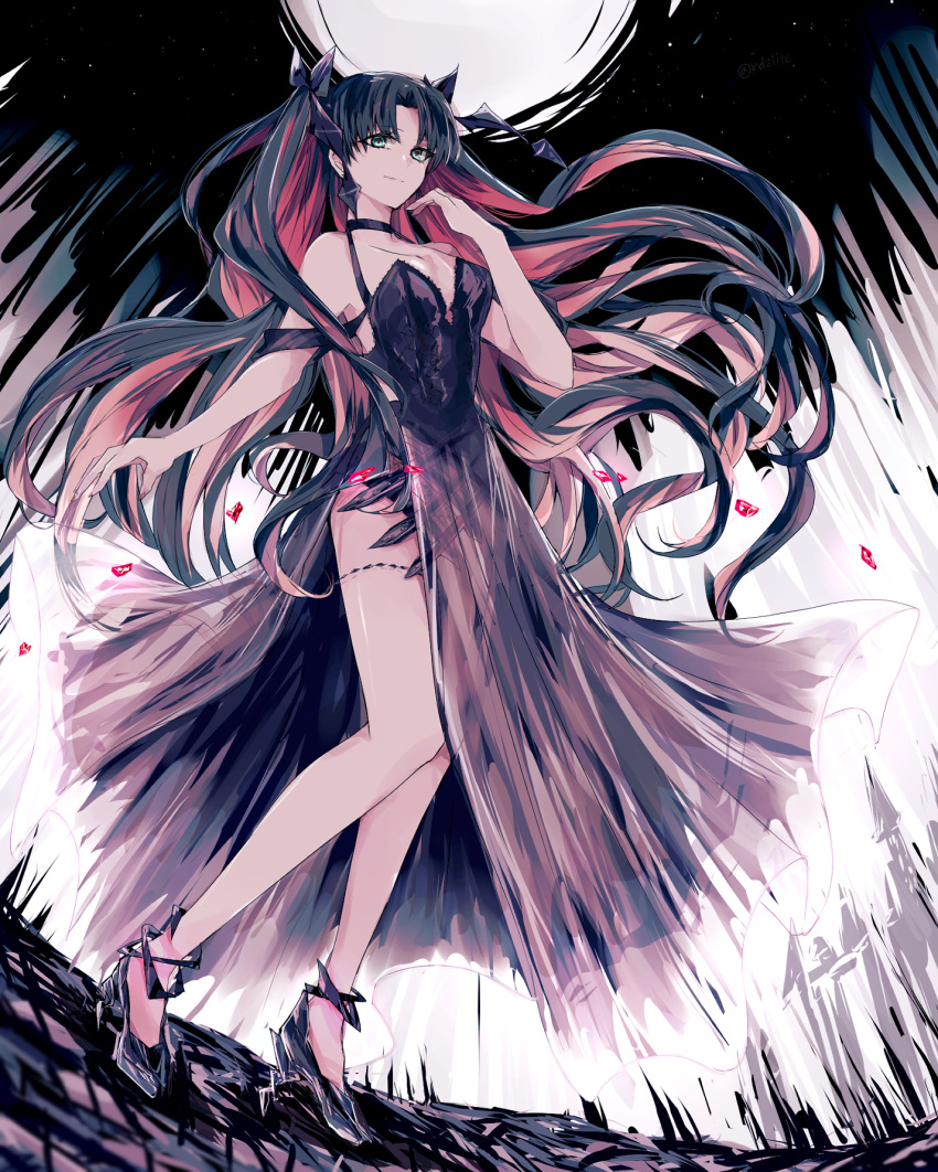 0825belle 1girl bangs bare_shoulders barefoot black_choker black_footwear black_hair blue_eyes bow breasts choker closed_mouth dress fate/grand_order fate/stay_night fate_(series) gem hair_bow highres long_dress long_hair moon night red_gemstone smile solo standing tohsaka_rin twintails